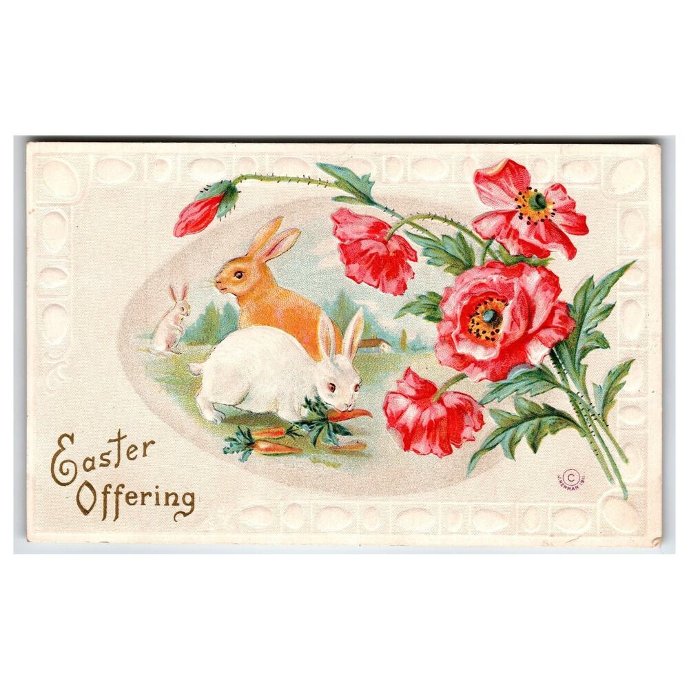 1911 Easter Postcard Rabbits Poppies Flowers Embossed Campbell Art Co